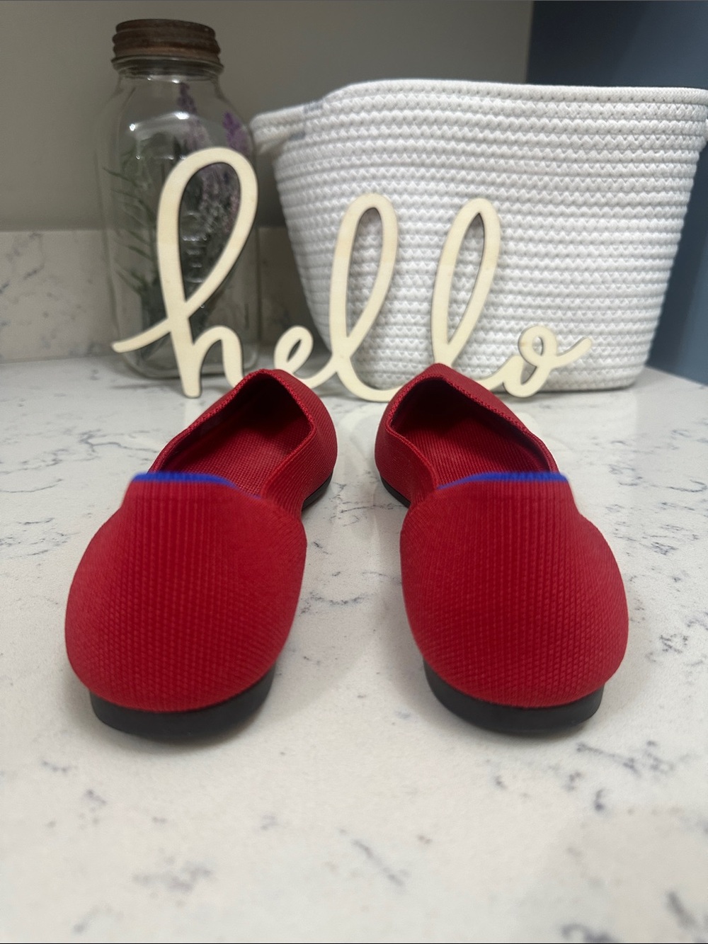Rothy's Red Pointed Knit Flats with Blue Heel Trim - Picture 3 of 5